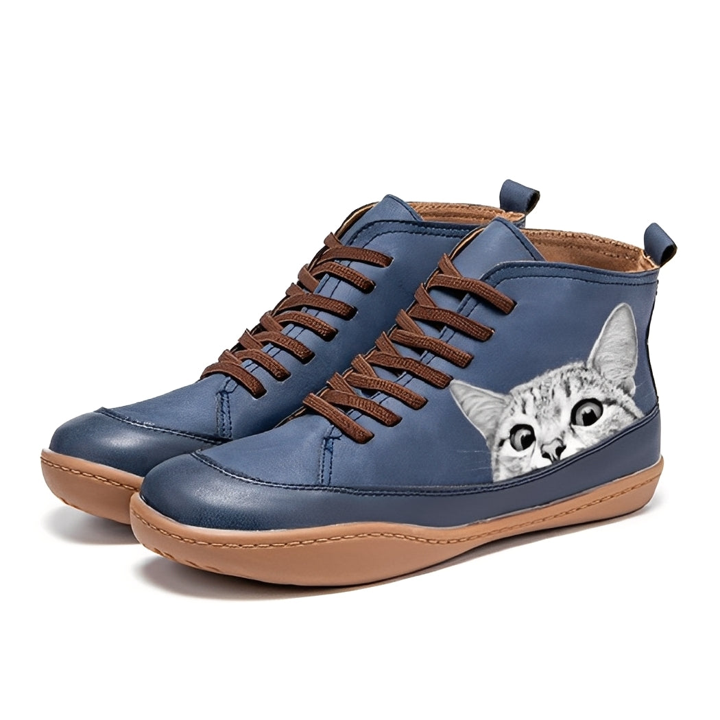 Caroline - Fashionable leather ankle boots with cat design for women