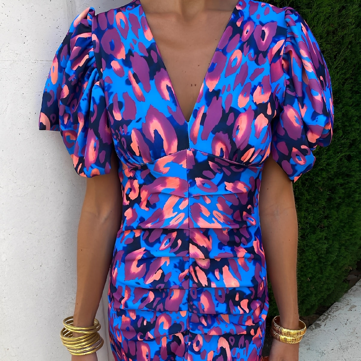 Gaëlle - Colorful dress with folded sleeves for women