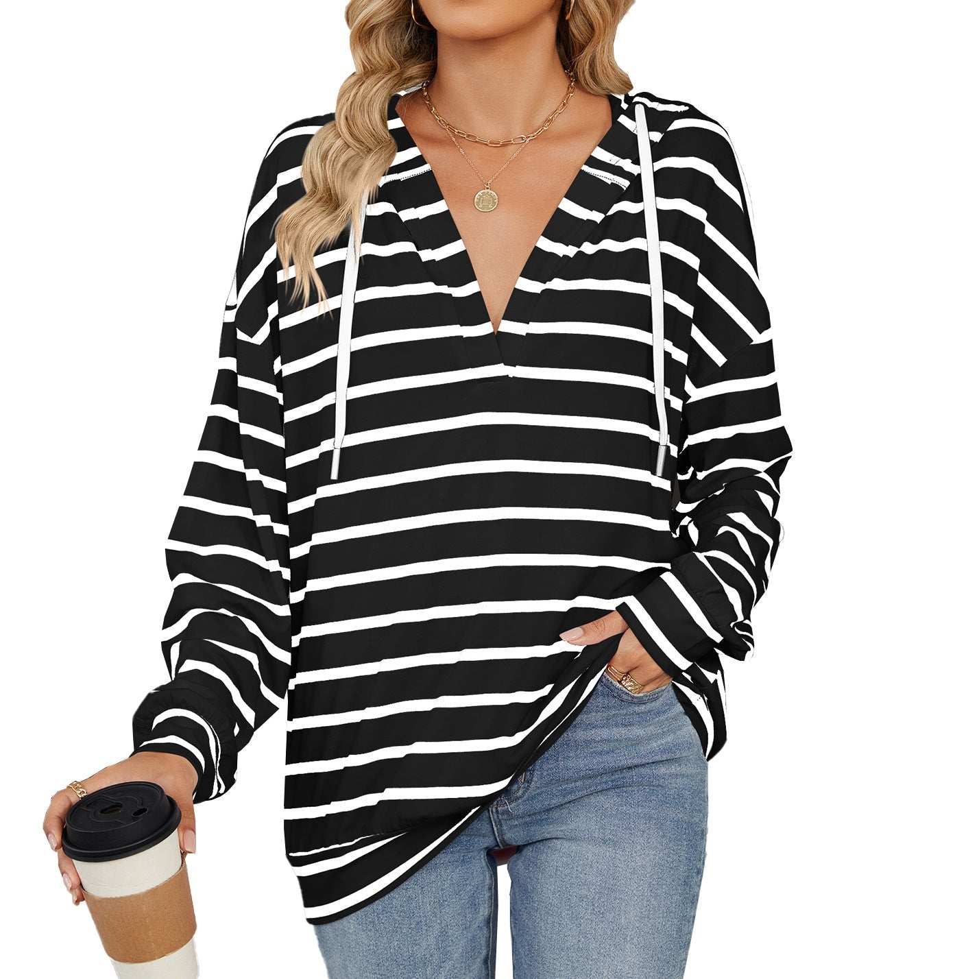 Wenda - Casual women's hoodie shirt with stripes