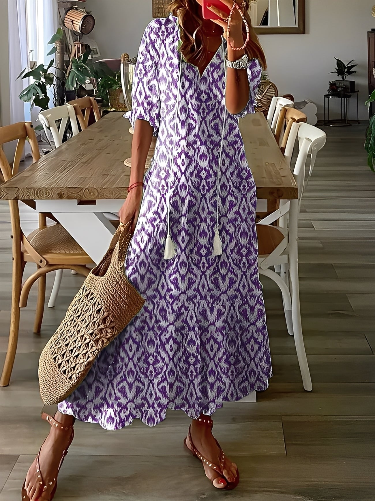 Domitille - Stylish dress with V-neck, loose for women