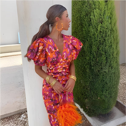 Gaëlle - Colorful dress with folded sleeves for women