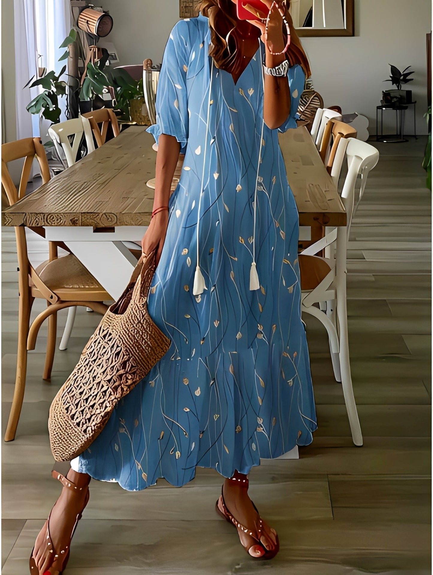 Domitille - Stylish dress with V-neck, loose for women