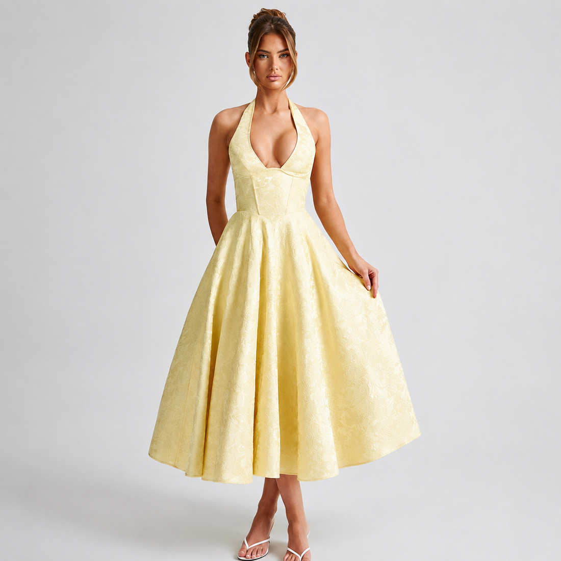 Dahlia - Stilvolles ärmelloses Kleid mit V-Ausschnitt und Neckholder