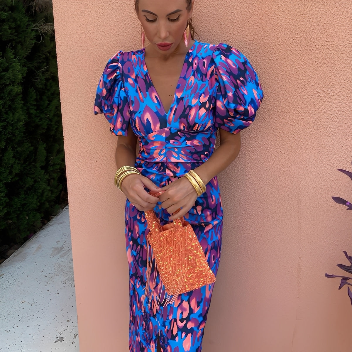 Gaëlle - Colorful dress with folded sleeves for women