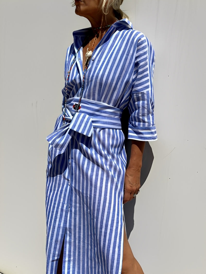 Christel - Damen-Langes-Polo-Kleid mit Streifen