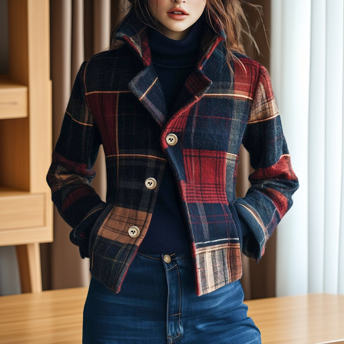 Aubriana - Women's retro jacket with check pattern and high collar