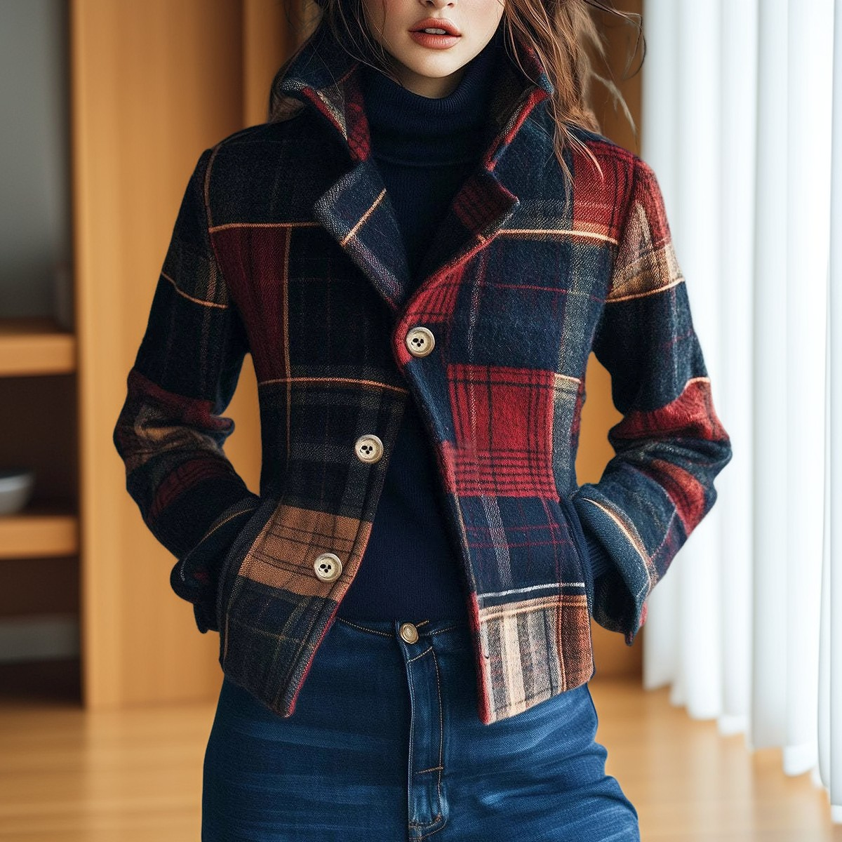 Aubriana - Women's retro jacket with check pattern and high collar