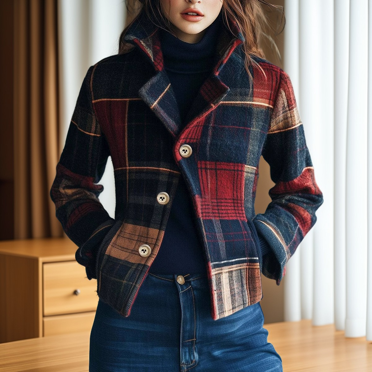 Aubriana - Women's retro jacket with check pattern and high collar