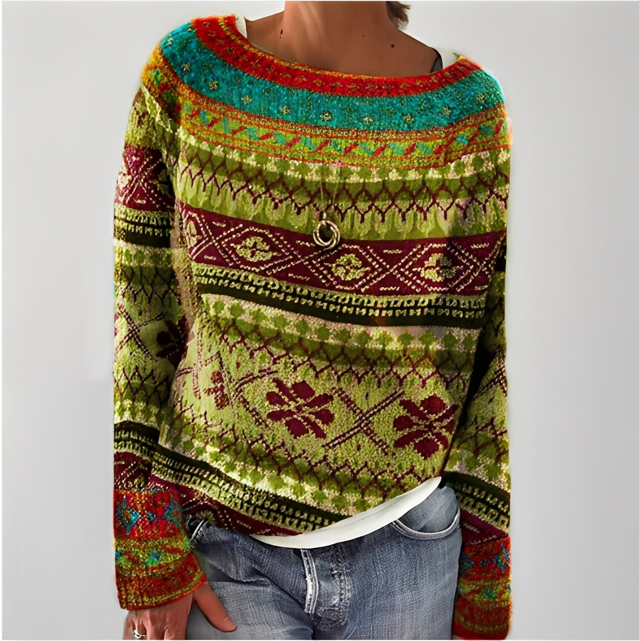 Flavienne - Simple women's winter sweater with round neckline