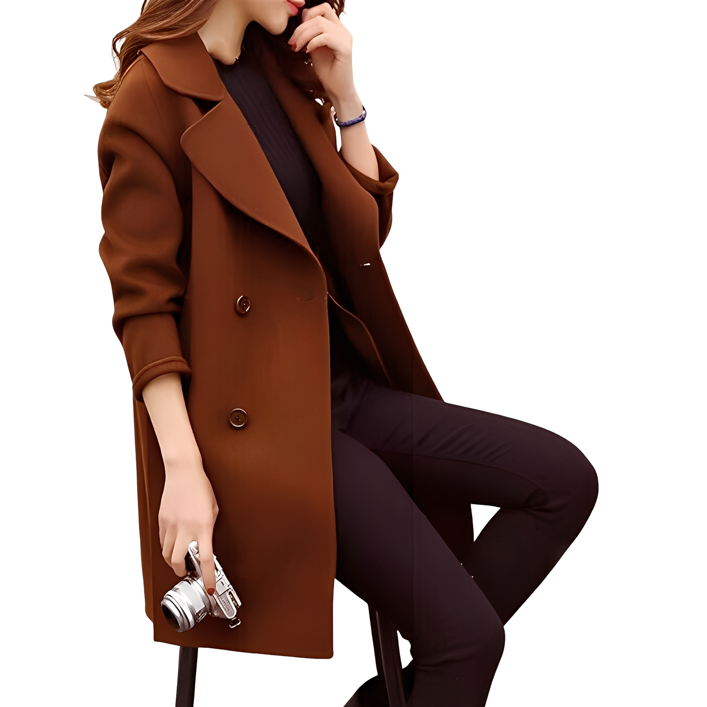 Kristina - Elegant women's long coat with double row of buttons