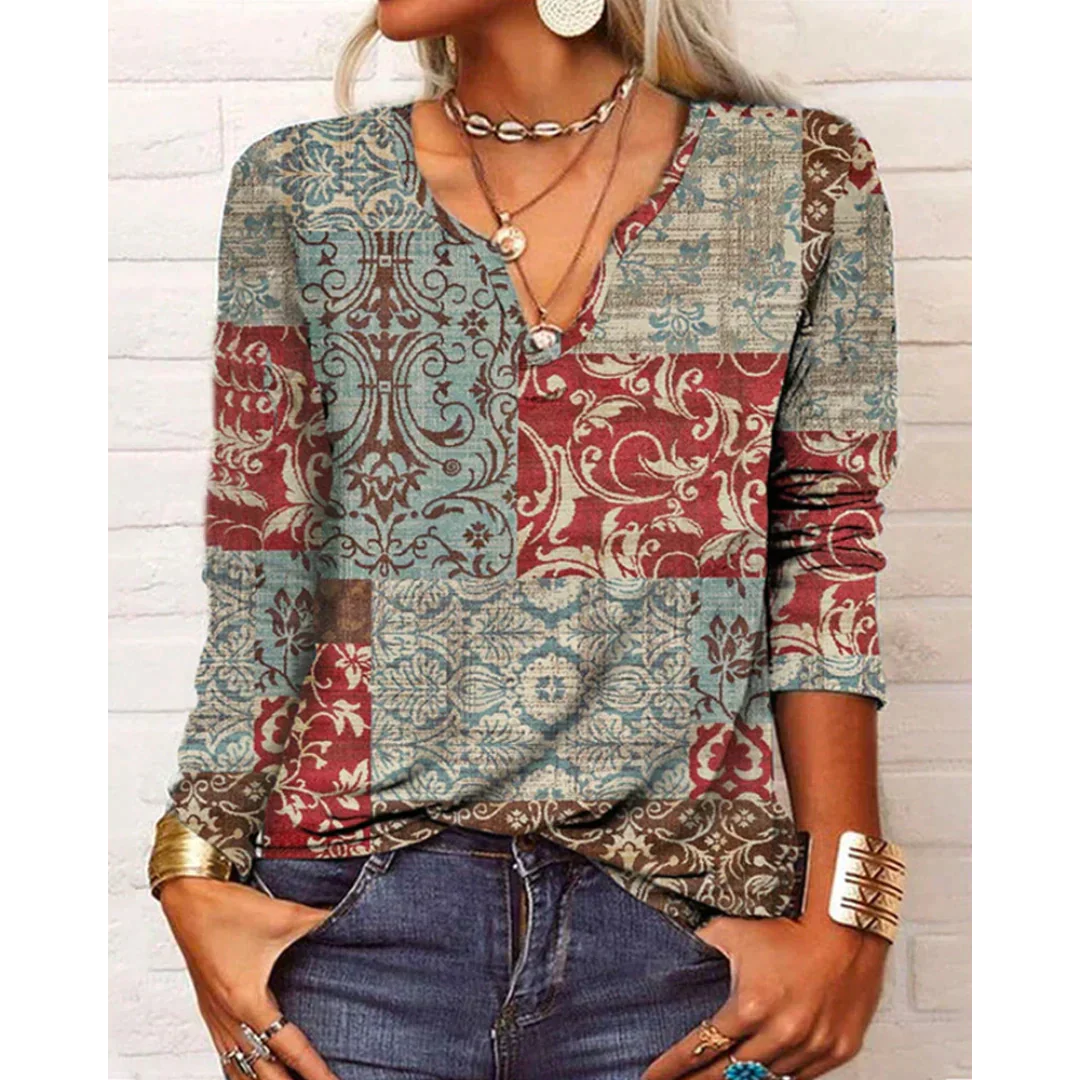Katharina - Mehrfarbige Bluse im Boho-Stil, langärmelig und mit V-Ausschnitt