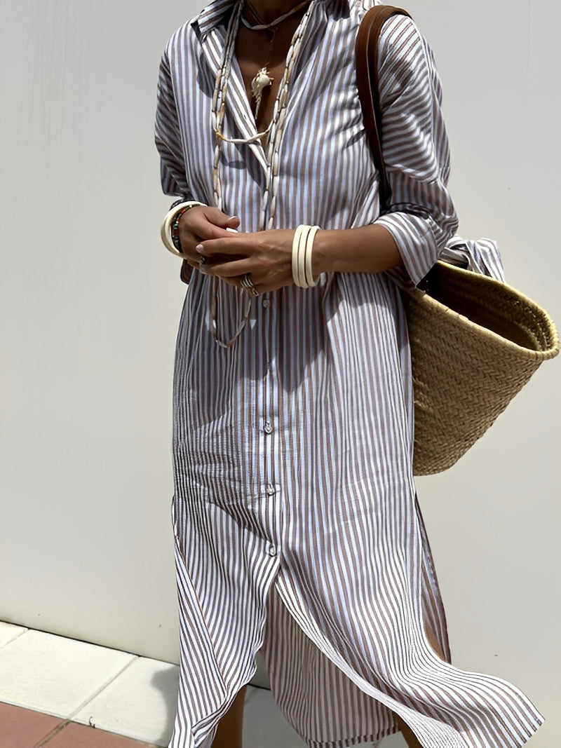 Christel - Damen-Langes-Polo-Kleid mit Streifen