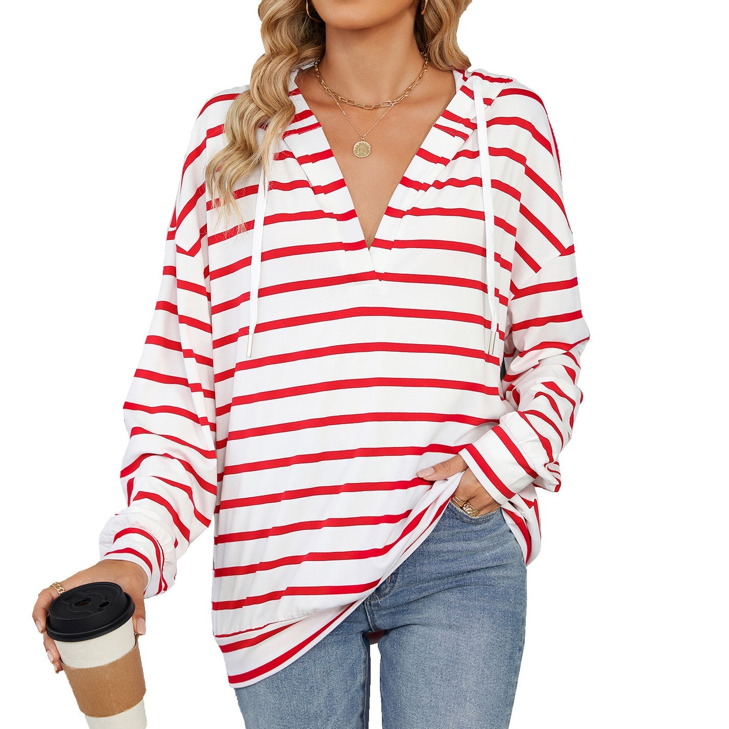 Wenda - Casual women's hoodie shirt with stripes