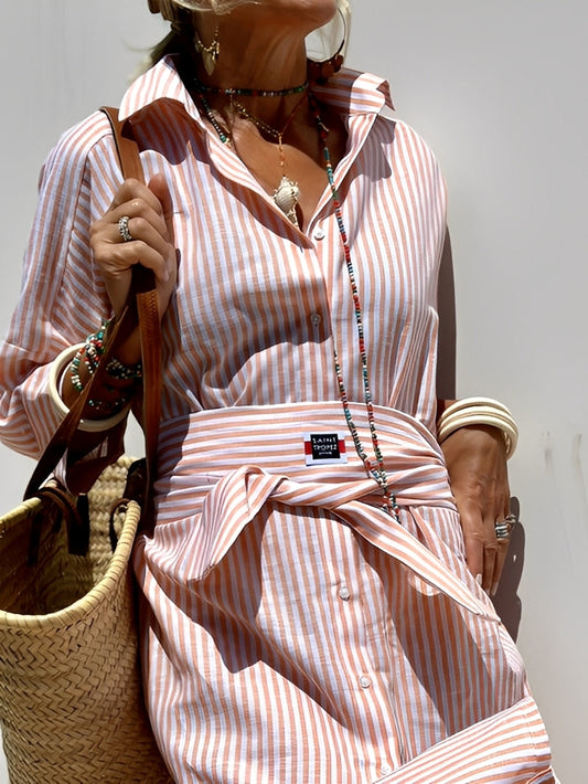 Christel - Damen-Langes-Polo-Kleid mit Streifen