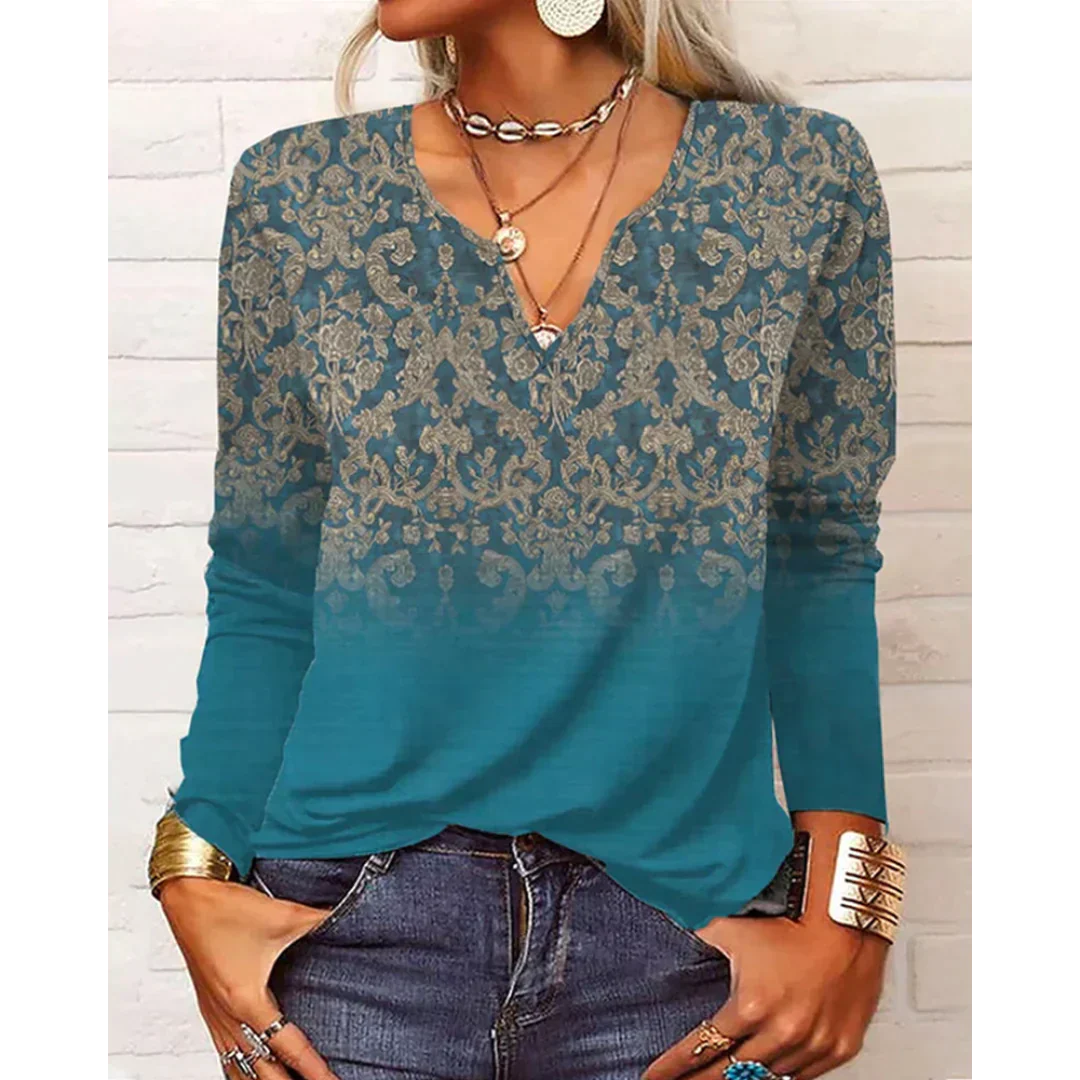 Katharina - Mehrfarbige Bluse im Boho-Stil, langärmelig und mit V-Ausschnitt