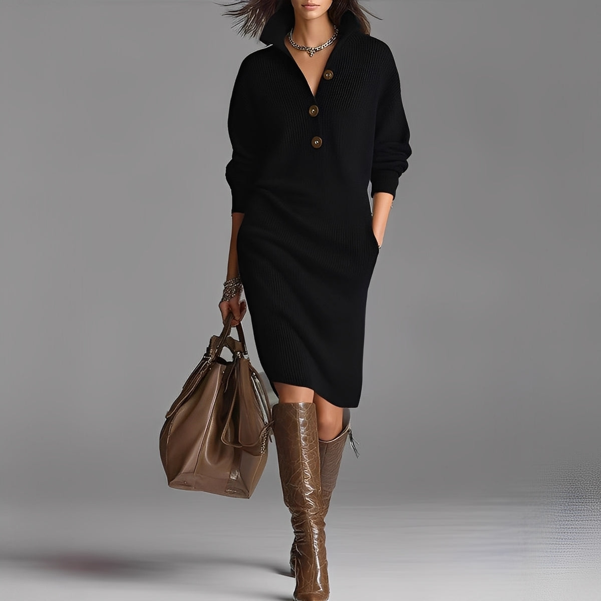 Camryn - Stylish women's knit dress with buttons and collar