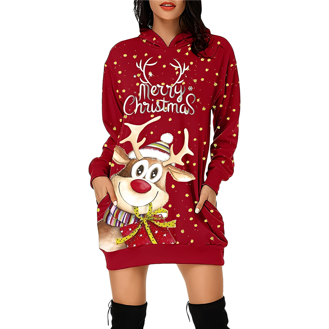 Georgia - Stilvolles Weihnachtskleid mit Kapuze für Damen mit Print