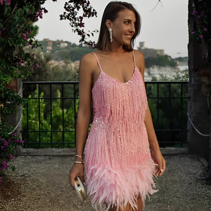Monique - Stylish women's dress with fringes and feathers