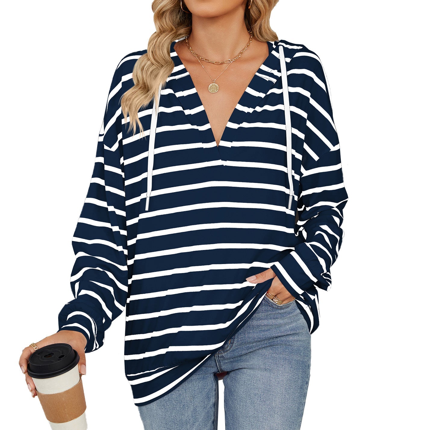 Wenda - Casual women's hoodie shirt with stripes