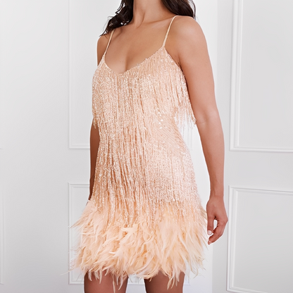 Monique - Stylish women's dress with fringes and feathers
