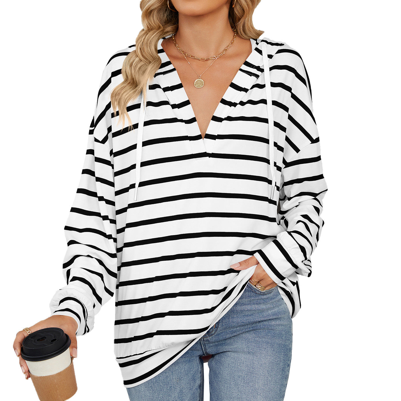Wenda - Casual women's hoodie shirt with stripes