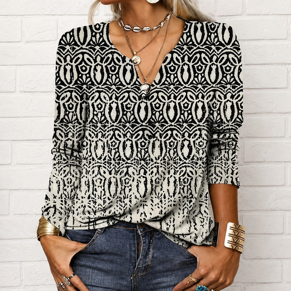 Katharina - Bluse im Boho-Stil mit langen Ärmeln und V-Ausschnitt