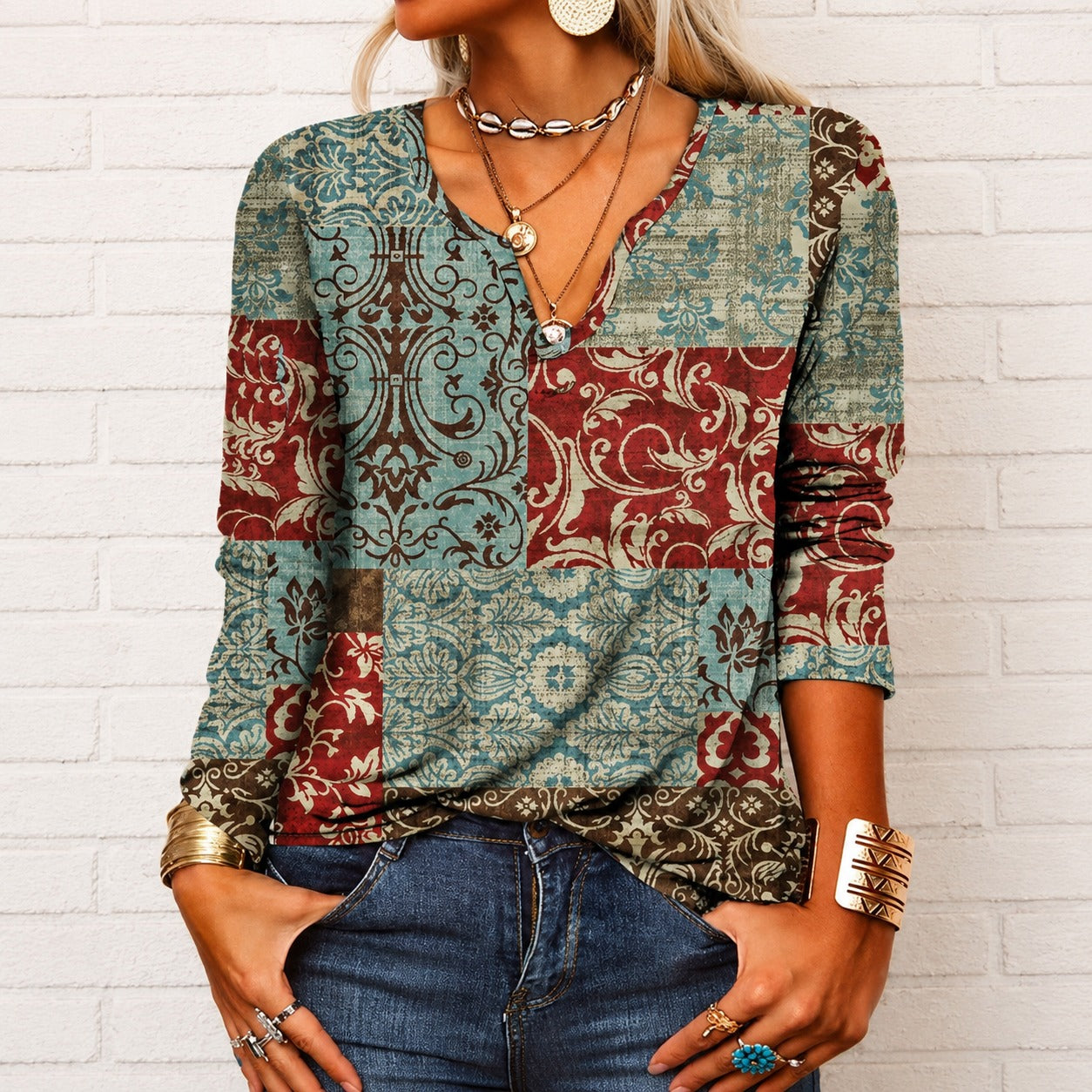Katharina - Bluse im Boho-Stil mit langen Ärmeln und V-Ausschnitt