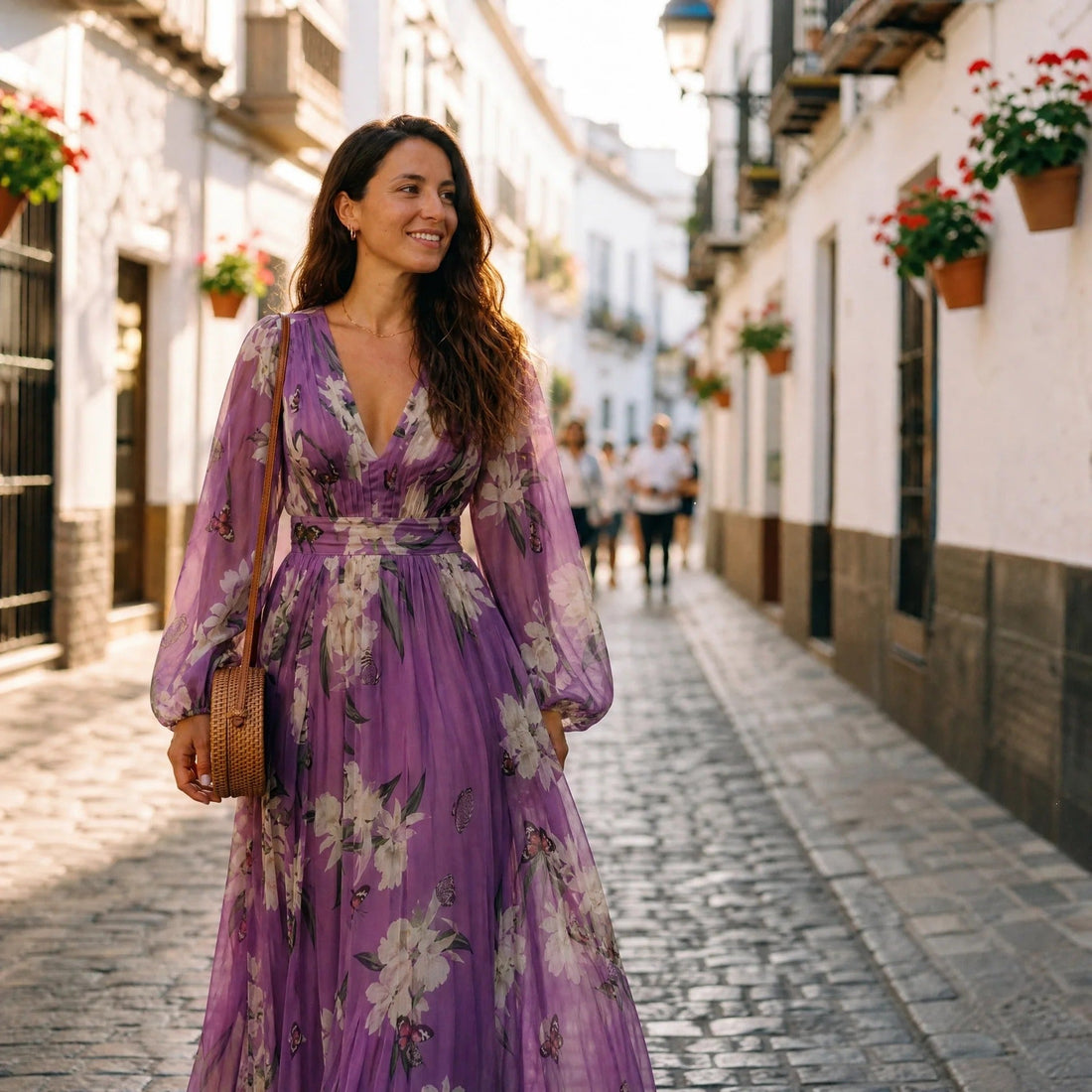 Leanne - Lang geschnittenes Kleid mit Blumenmuster und leichtem Fluss