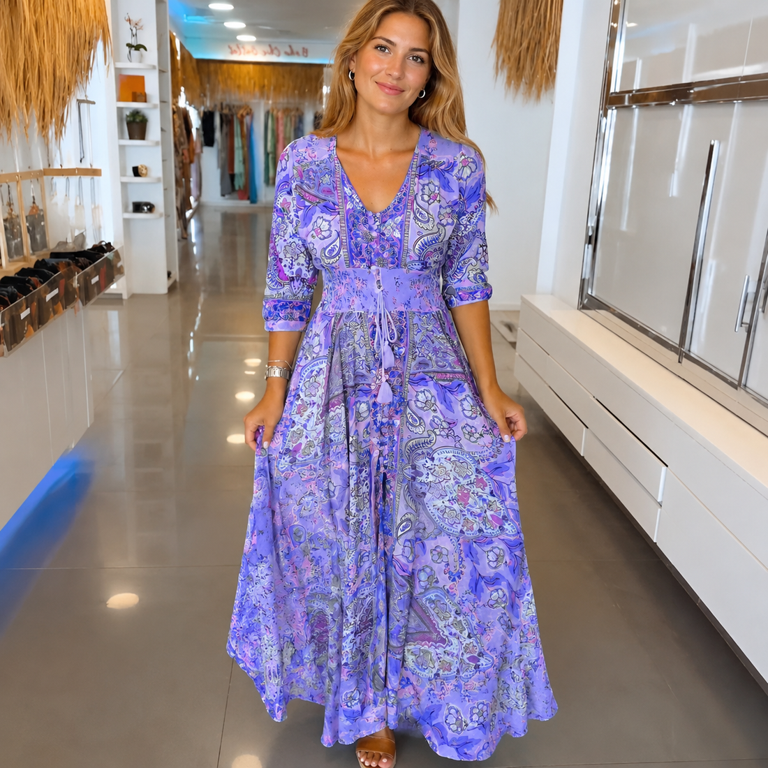 Jasmin - Elegantes Kleid mit V-Ausschnitt und Print für Damen
